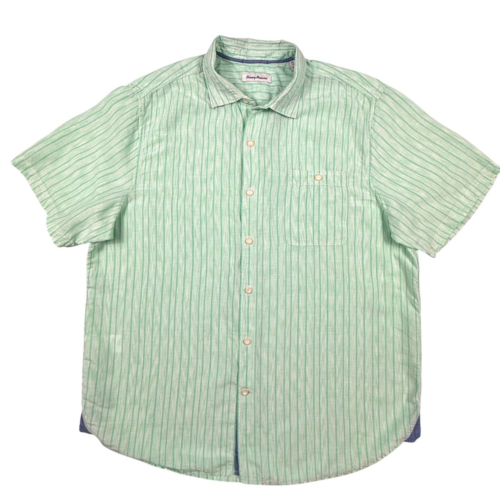 Tommy Bahama Mens XL Mint Green Striped Linen Tencel Short Sleeve Button Shirt - Picture 3 of 5